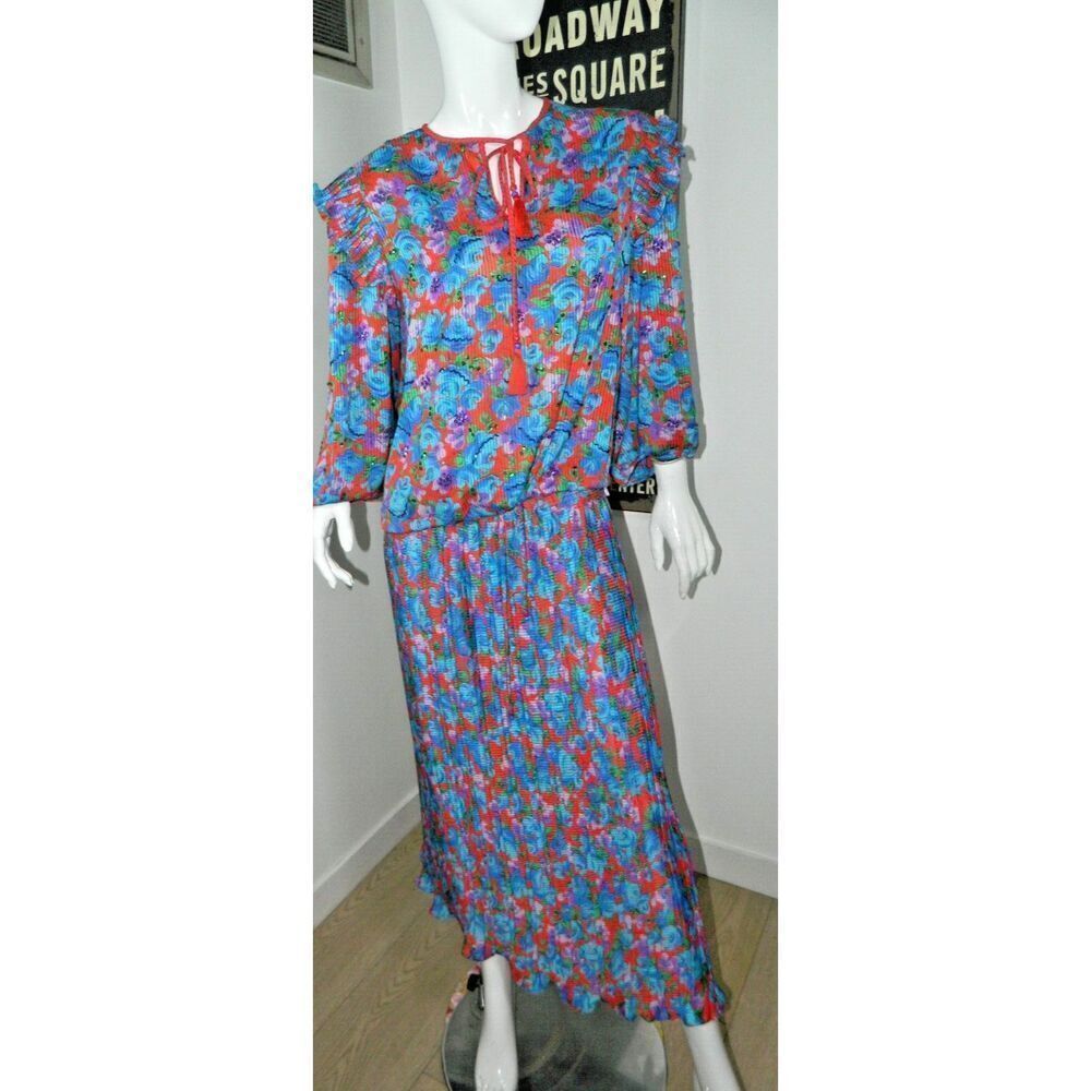 Vintage Diane Freis Skirt Set L/XL Blue  Purple Red Floral‎ Pleated Sequins 80's - Picture 12 of 13